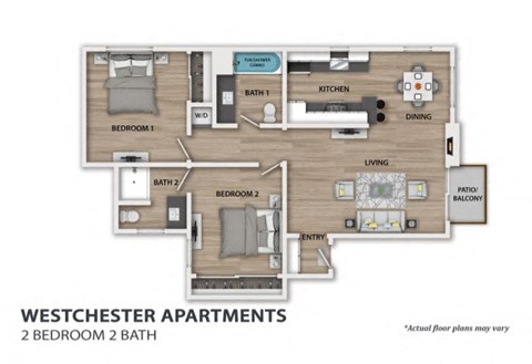 Floor plan for 2 beds, 1 bath, 975 sqft